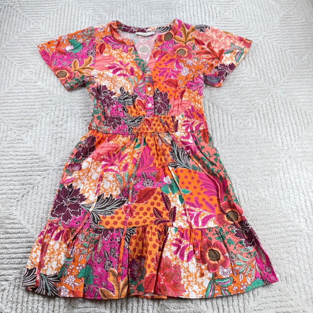 LOFT Floral Mini Dress Womens Medium Petite MP Orange Pink Boho Tiered Ruffle